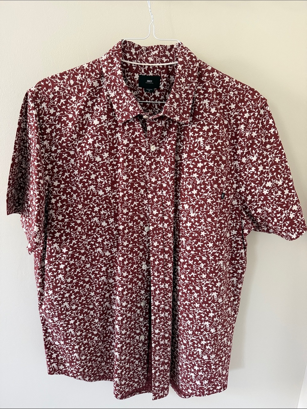 Obey Men's Burgundy and White Floral Short-Sleeve Button-Up Shirt